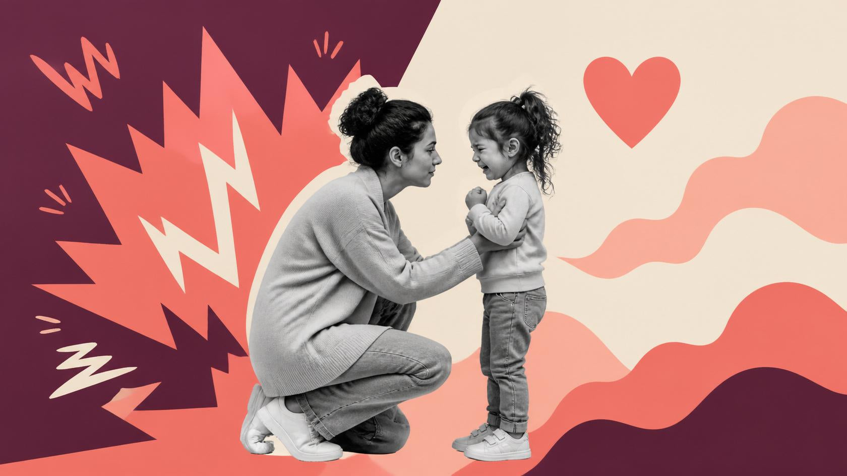 a parent calmly kneeling and offering a sturdy, comforting presence to an upset young