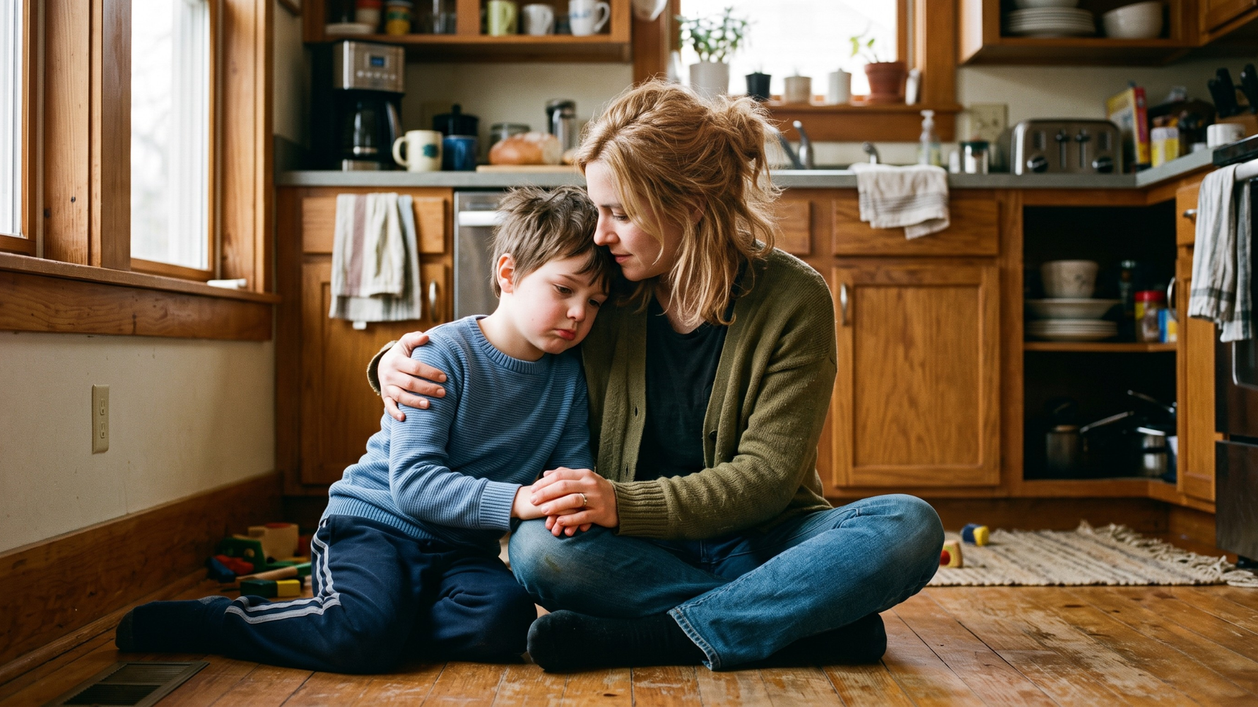 Parent sitting on the floor comforting a crying child, helping kids cope with disappointment through calm, connected presence
