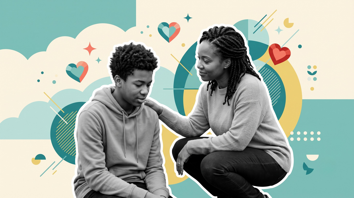 Mother comforting her highly sensitive teenage son during an emotional moment, illustrating parental support, empathy, and teen mental health.