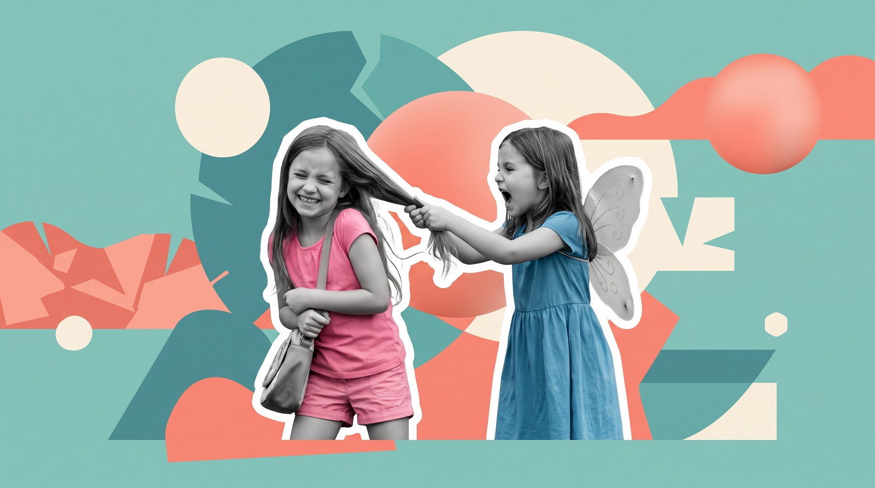 of two young girls/ siblings fighting, one pulling hair