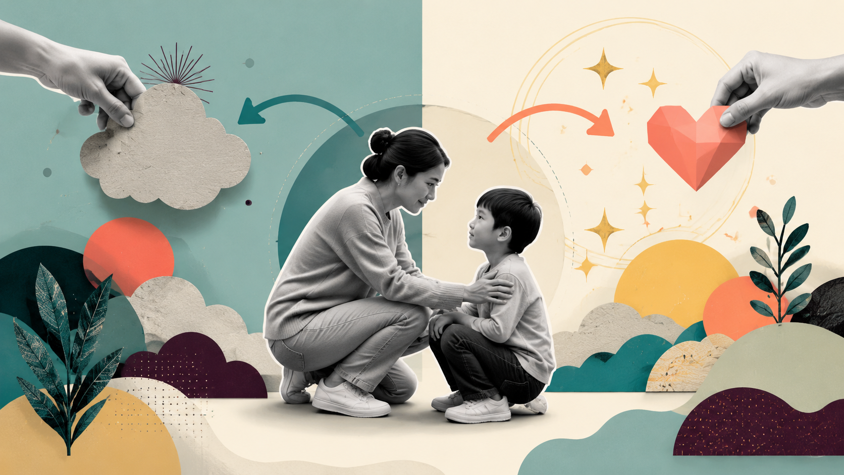 Woman kneeling to comfort a young boy, with illustrated hands exchanging a gray cloud for a red heart in the background