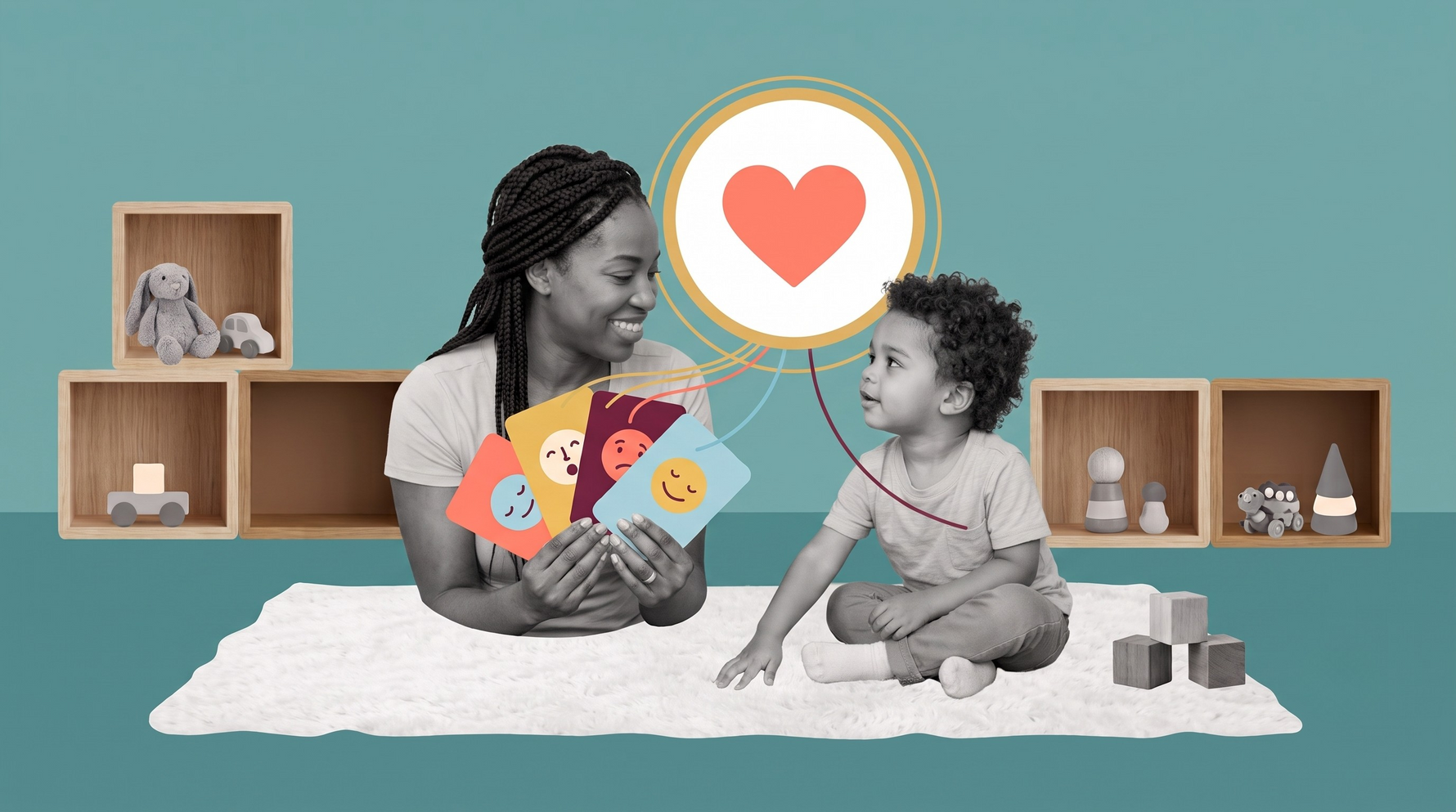 The mother smiles, holding a stack of four colorful emotion cards creating connection with her child