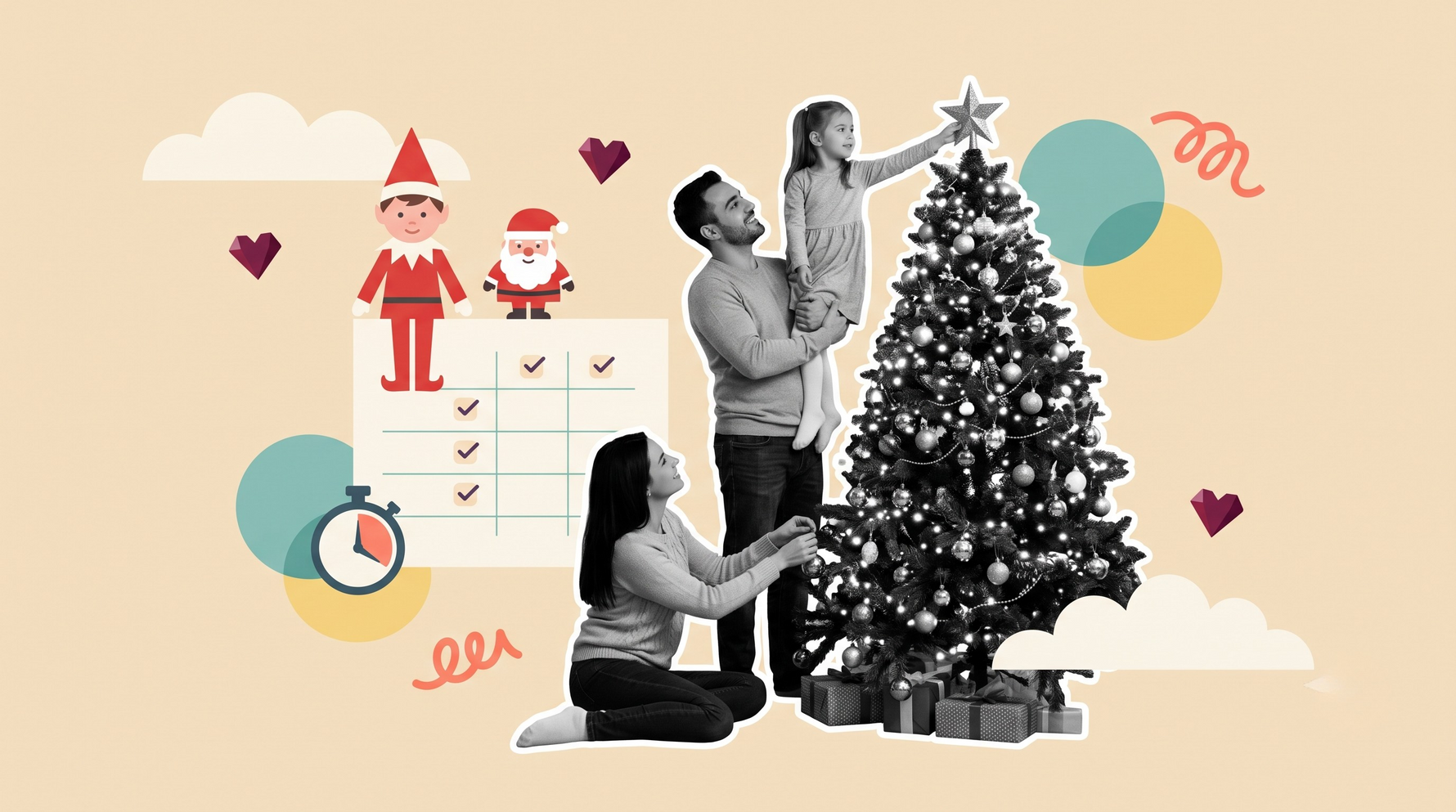 happy family (black and white) decorating a large, lit Christmas tree