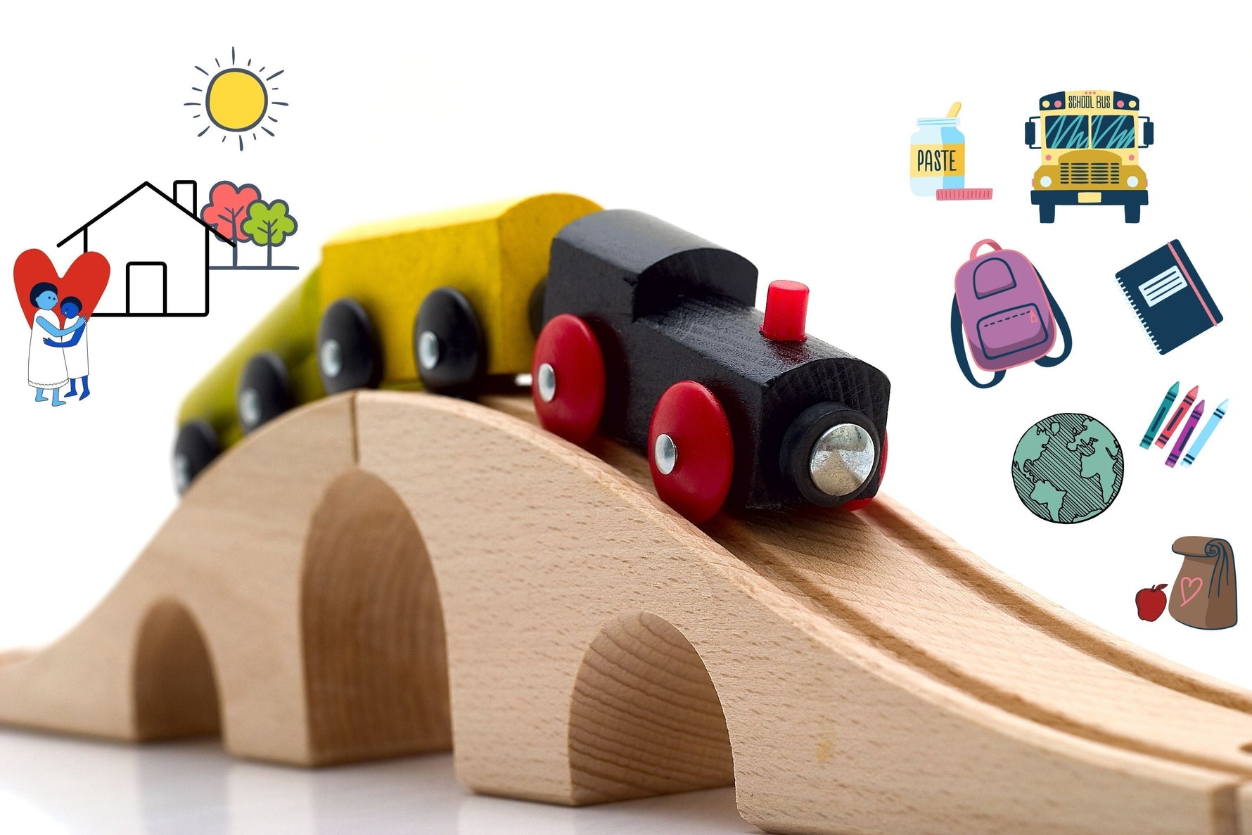 Wooden toy train set with colorful school and learning icon illustrations