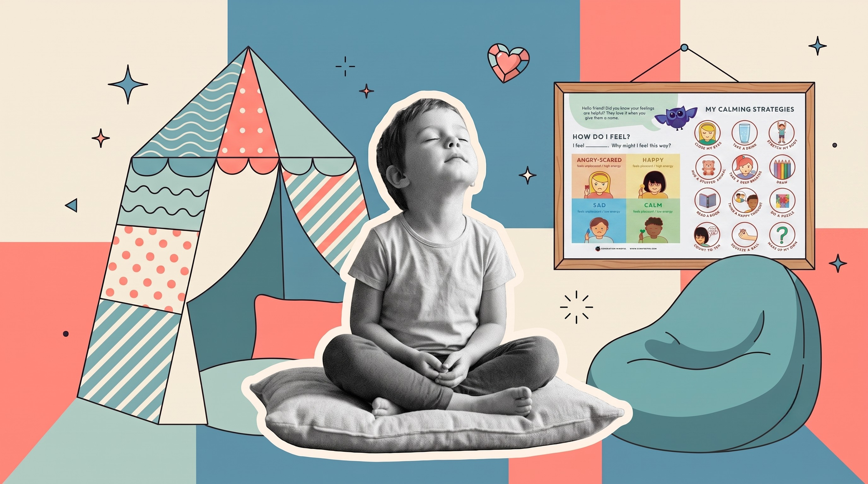 A child sits peacefully on a cushion in a calming corner with a patterned tent, soft seating, and a feelings chart labeled “MY FEELINGS POSTER” showing different emotions.