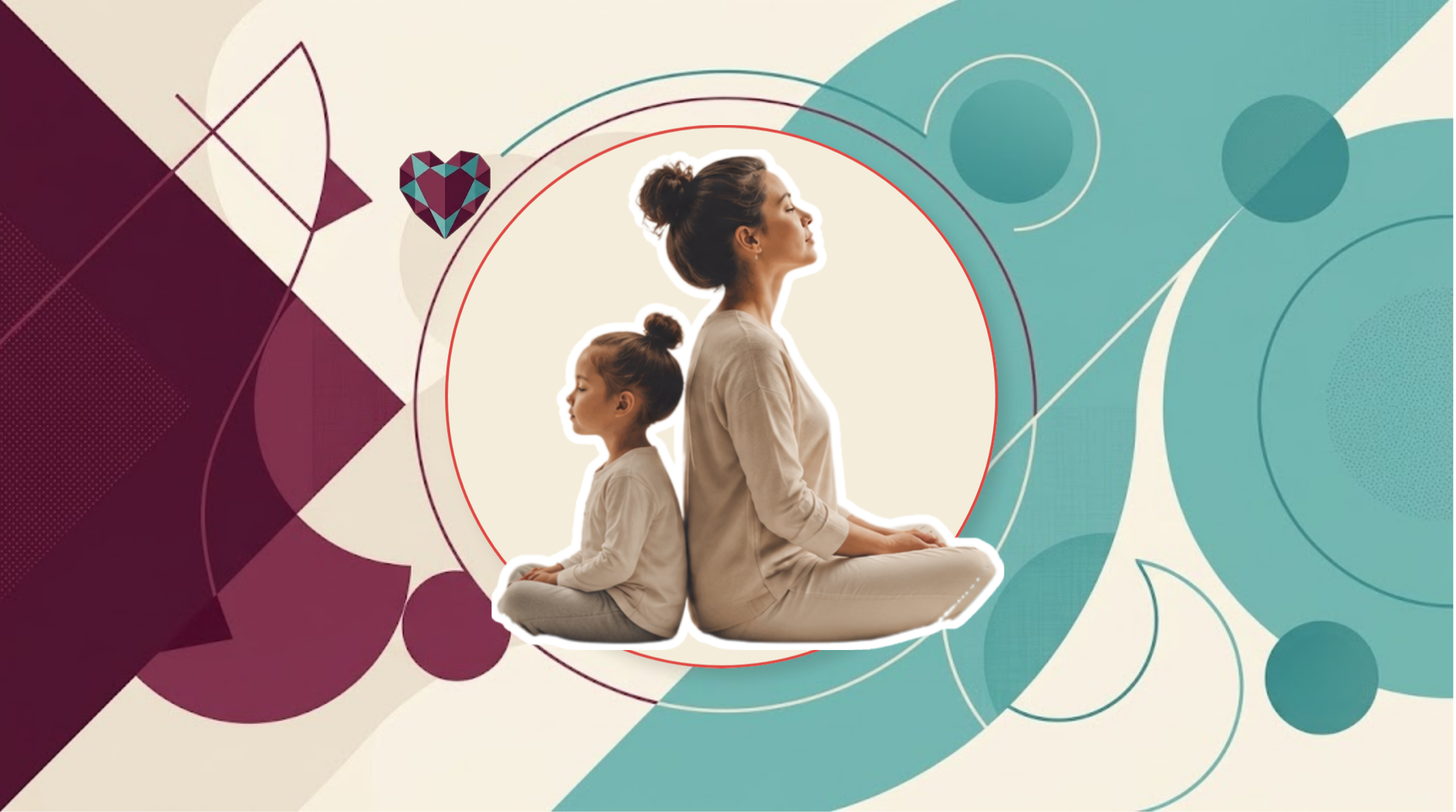 Mom and daughter sitting back to back in calm poses, with a heart icon beside them