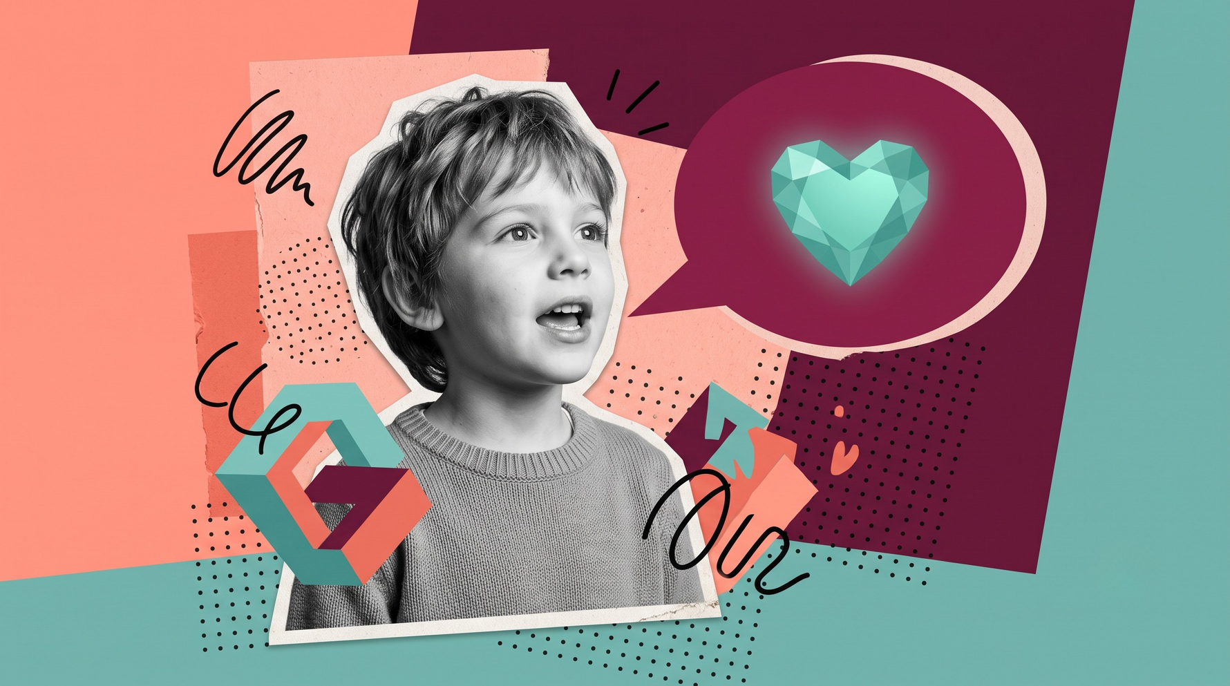 Boy talking with a speech bubble showing a heart, symbolizing open and honest communication