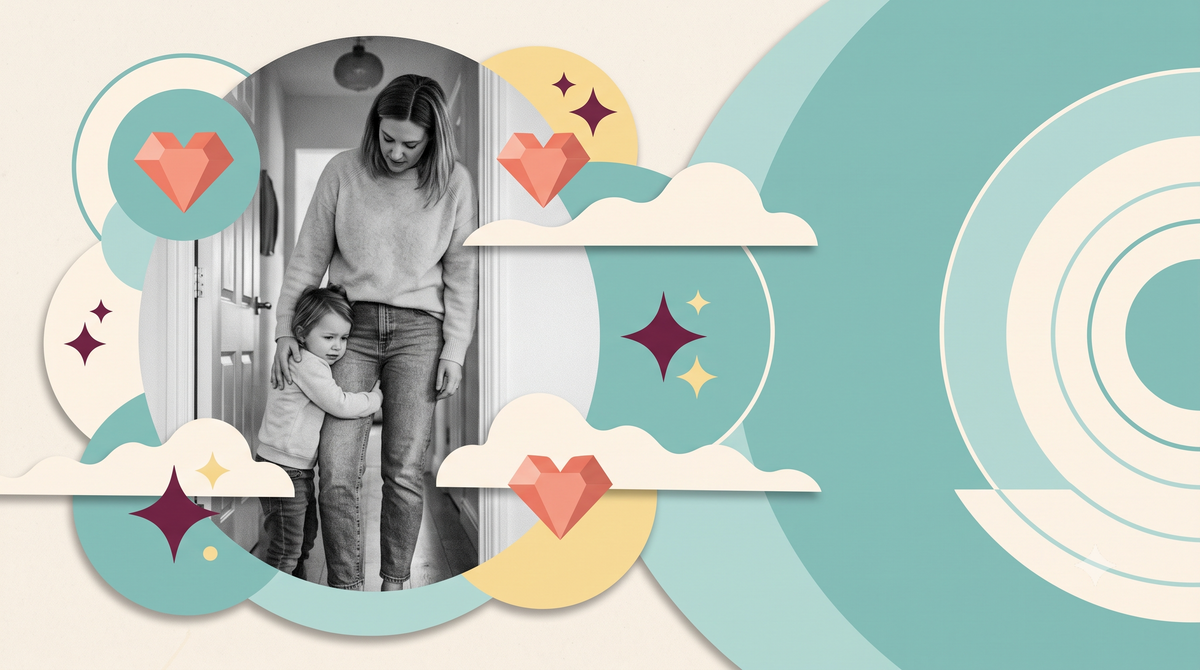 Child clinging to mom in a doorway, black and white photo with hearts and clouds