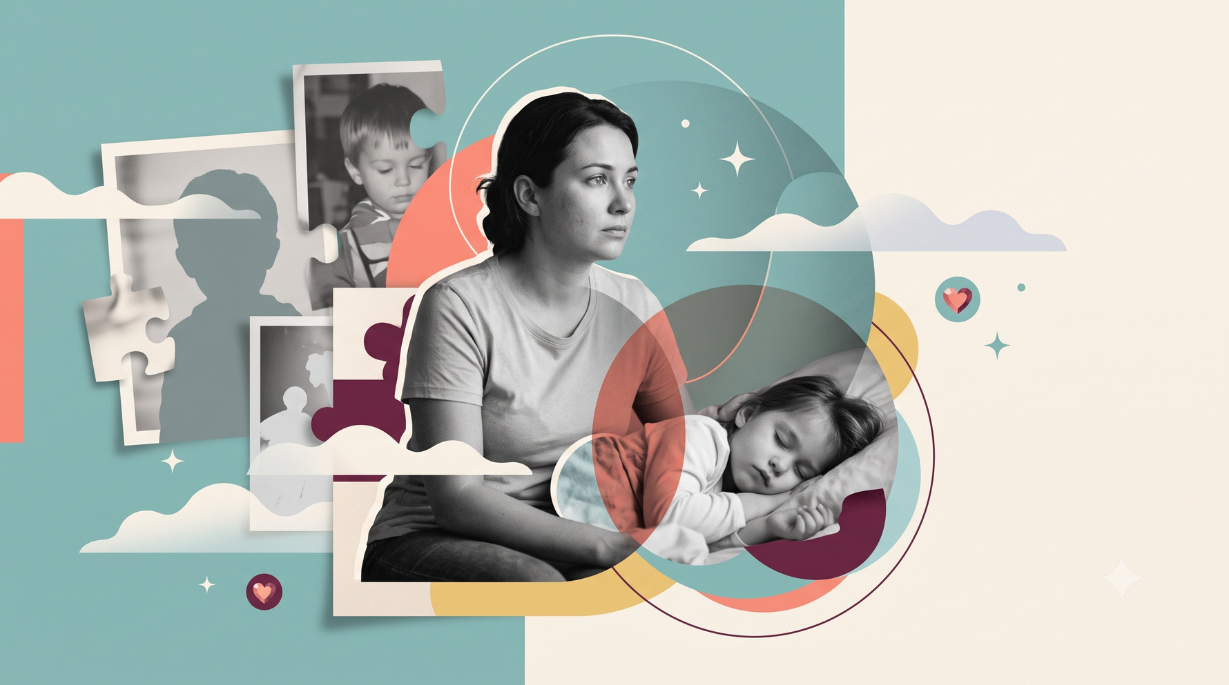 Woman holding a sleeping child, with old childhood photos and puzzle pieces showing missing memories