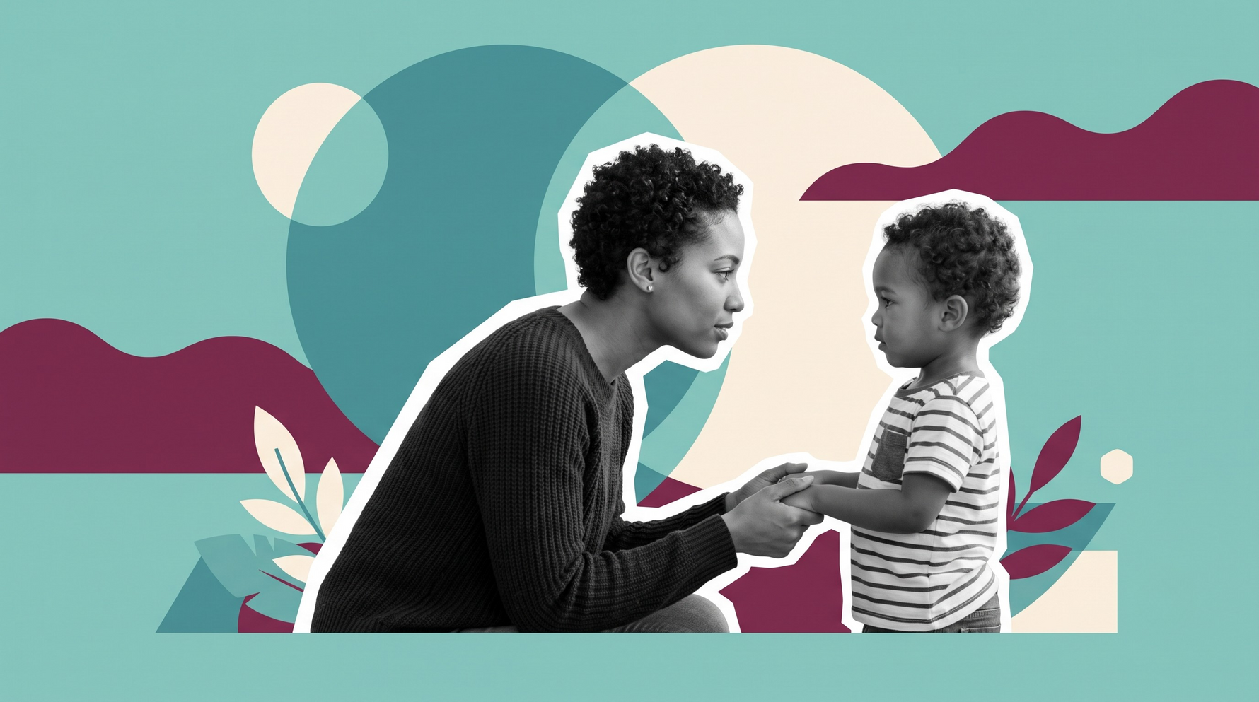 A mother kneels and holds her young child’s hands against a colorful abstract background.