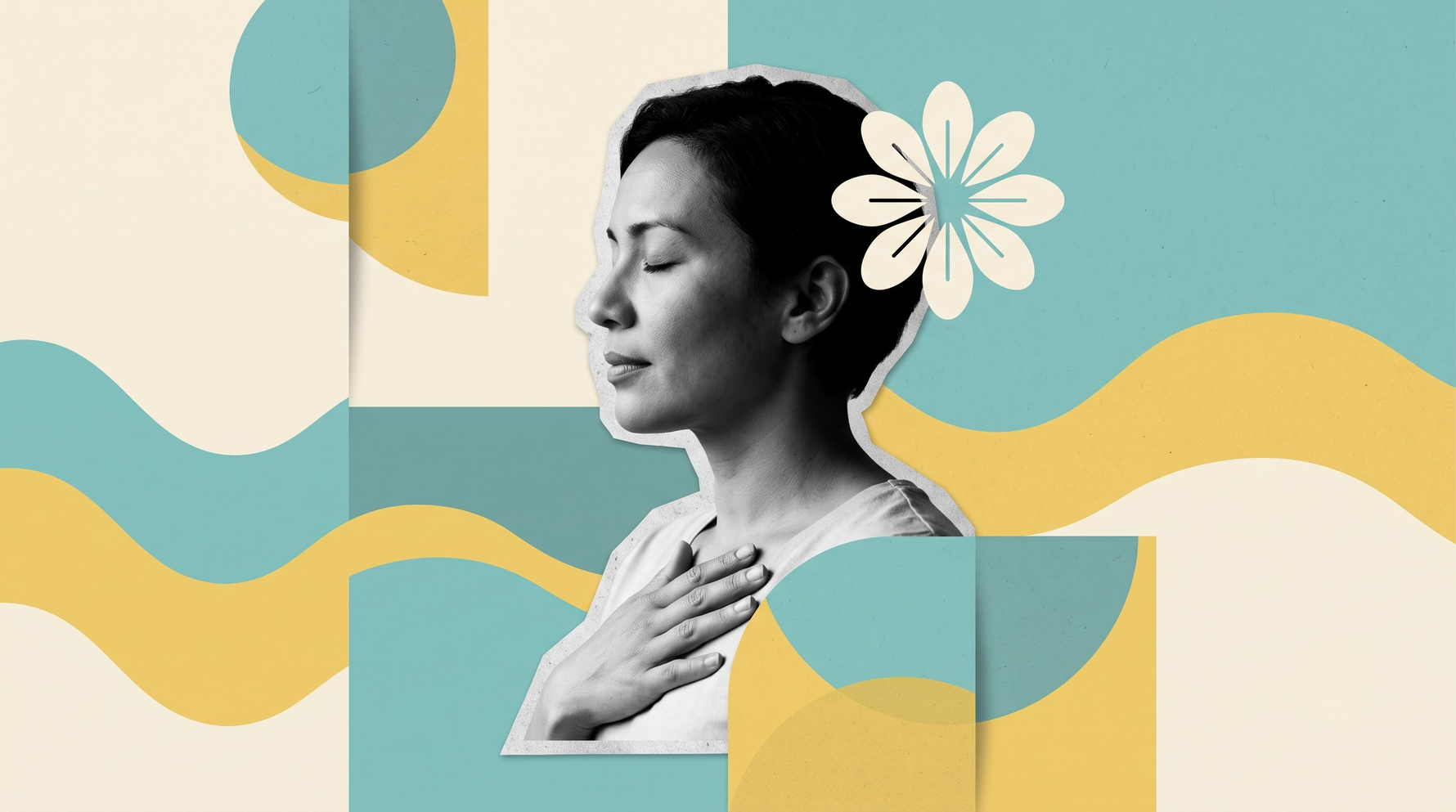 Woman with eyes closed and hand on her chest, staying calm, with a flower graphic beside her