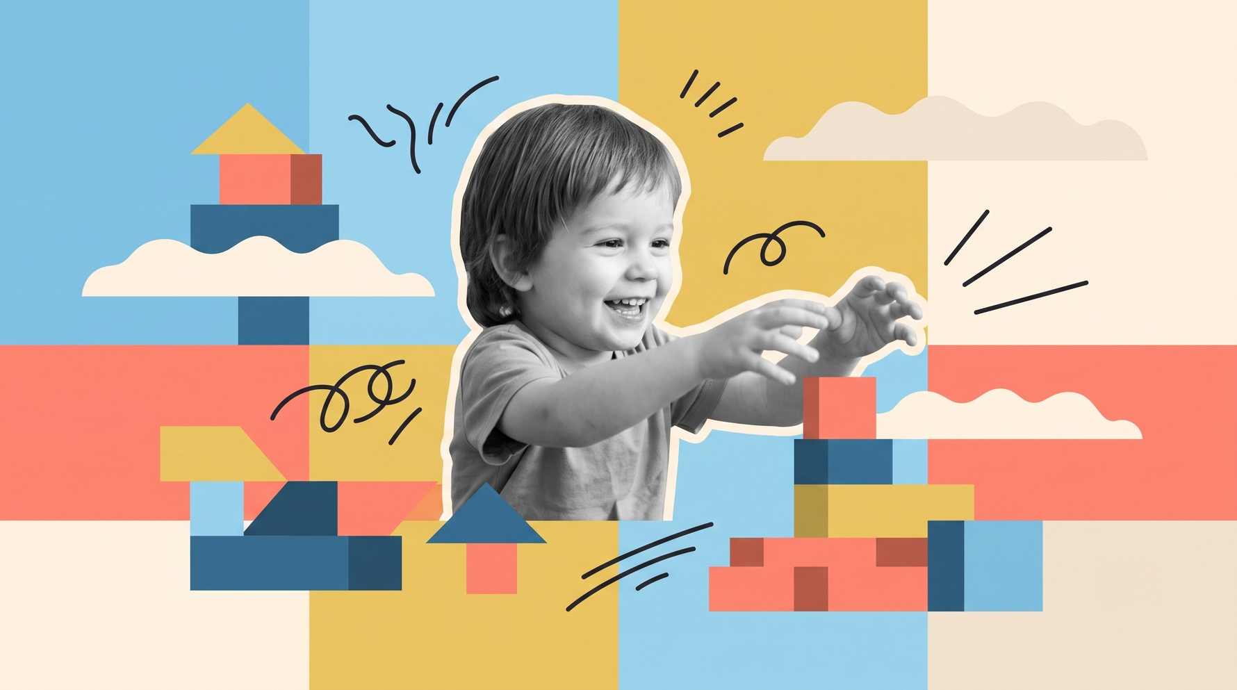 child is happy playing blocks