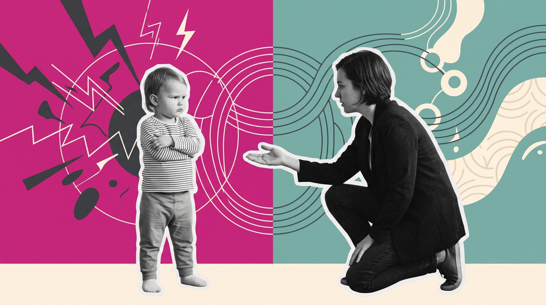 a calm parent kneeling to connect with a strong-willed toddler,