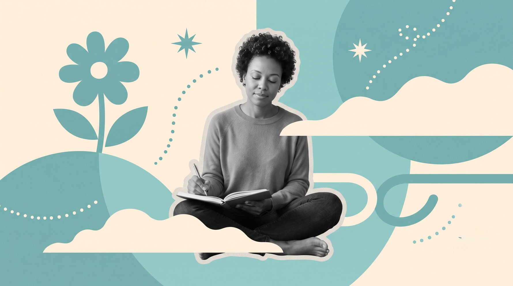 a mother reparenting herself, writing reflectively in a journal, epresenting self-healing and inner child work