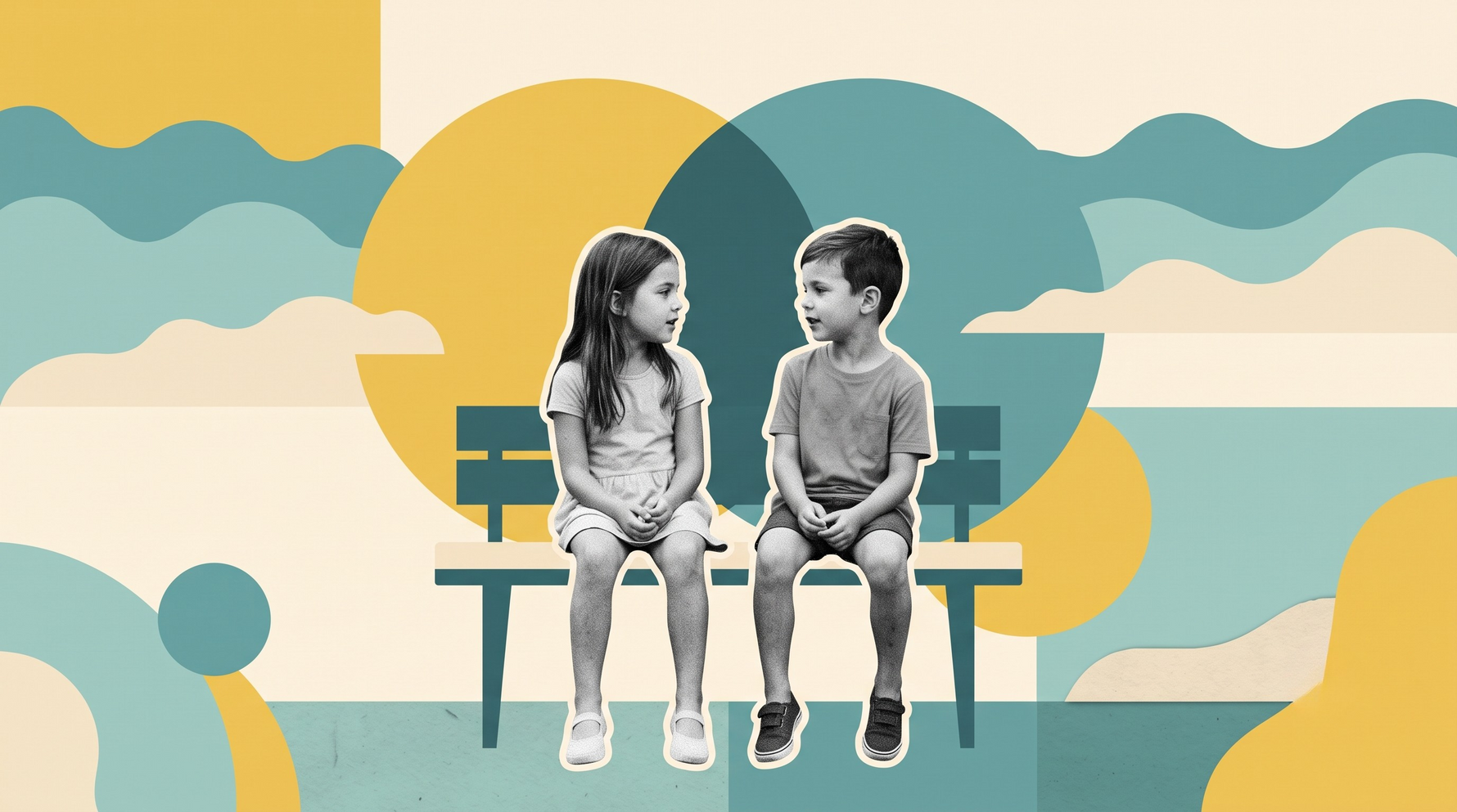 A mixed-media digital collage showing a grayscale photo of two siblings communicating, layered over flat teal and yellow abstract shapes representing conflict resolution.