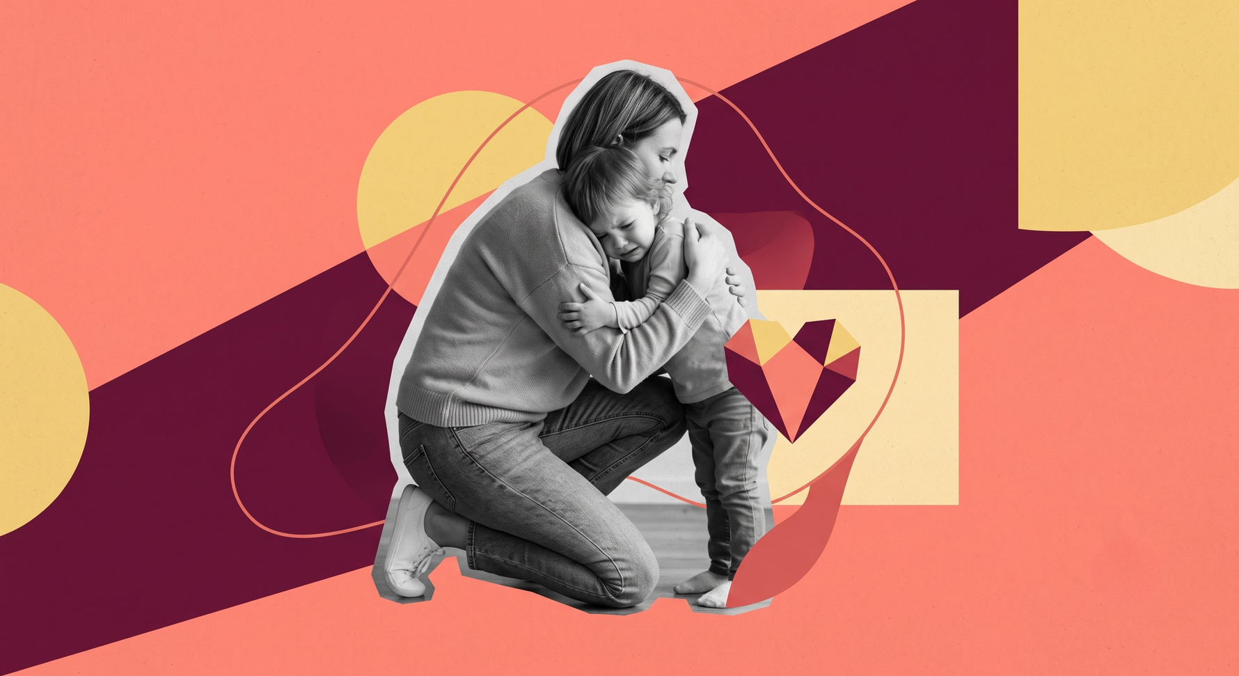 Mom kneeling to hug her child close, with a heart graphic behind them