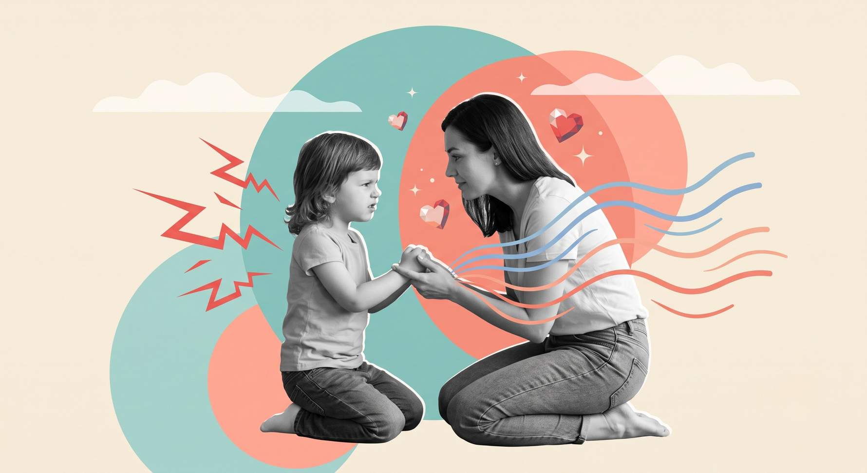 A calm mother kneels eye-level with a frustrated child, holding their hands to demonstrate co-regulation and emotional connection