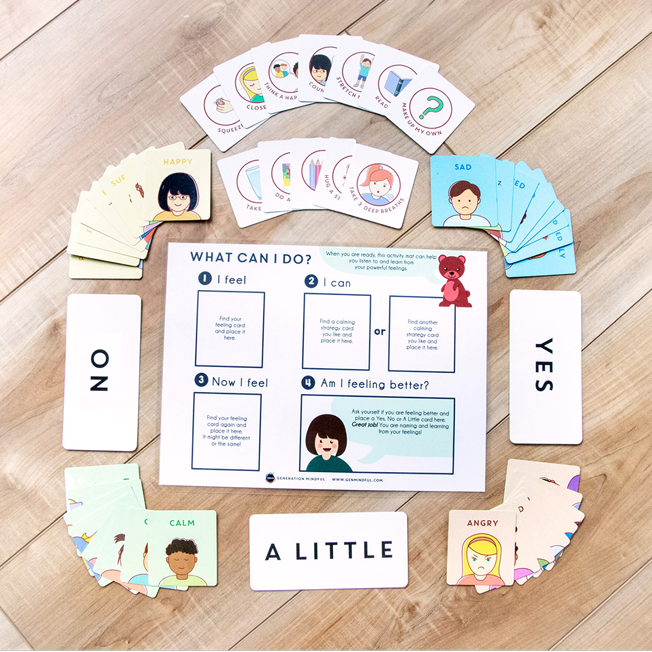 A children's emotional regulation game board and cards featuring 32 feelings from four mood groups: HAPPY, SAD, CALM, and MAD/SCARED, arranged in a circle on a light wood floor along with three response cards reading YES, NO, and A LITTLE, and 12 unique calming strategies cards, all part of Generation Mindful's Time-In Toolkit.