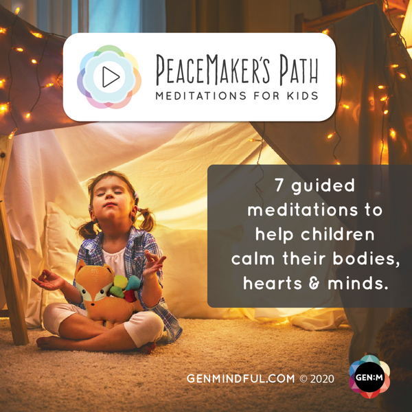 PeaceMaker's Path Meditations for Kids promotional image with girl meditating in fort