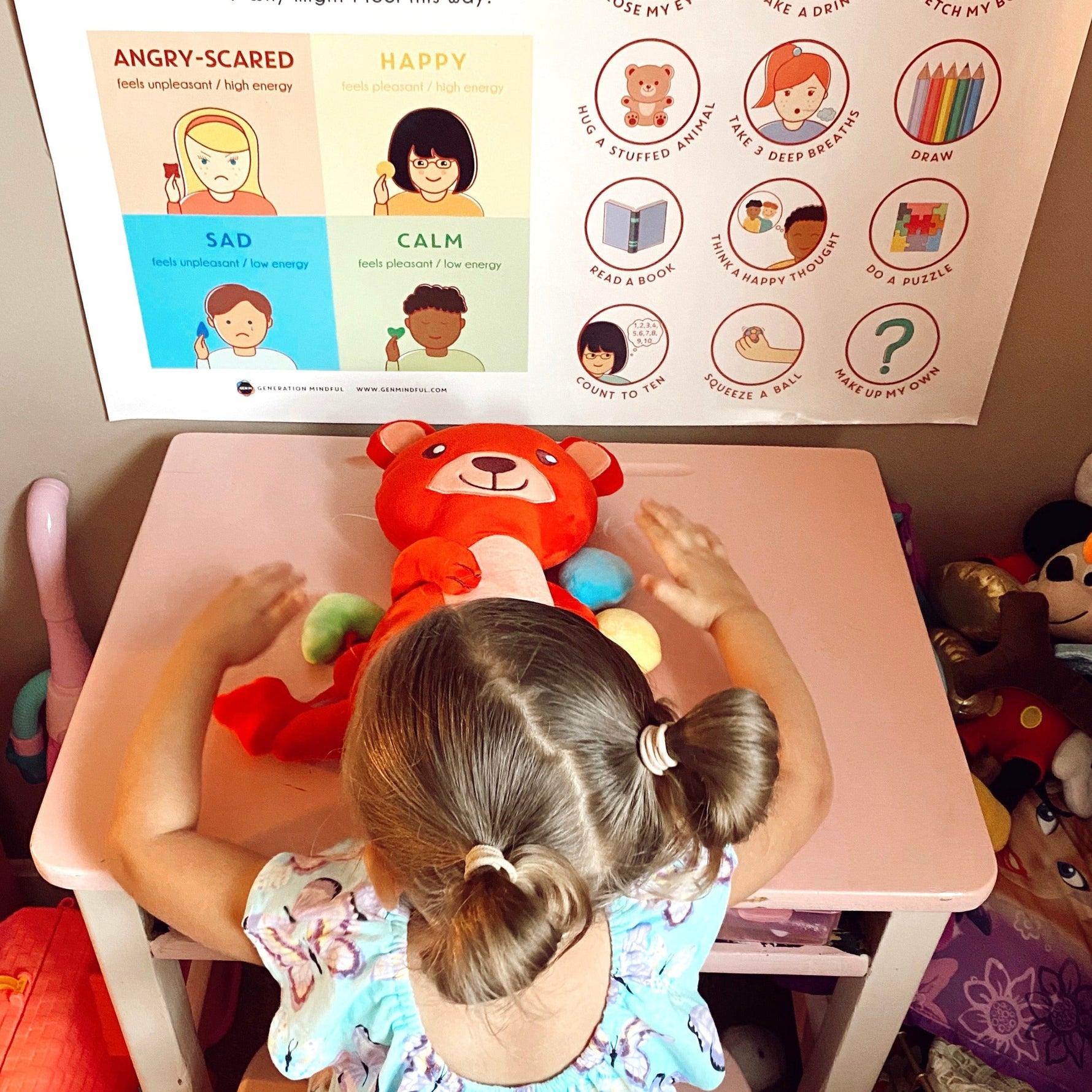 A child uses a calming corner activity table with a stuffed bear and colorful sensory tools while sitting beneath emotional regulation posters showing feelings like “ANGRY-SCARED,” “HAPPY,” “SAD,” and “CALM” and coping strategies like taking deep breaths, drawing, and reading. The setup encourages social emotional learning and helps children practice identifying emotions and self-regulation skills.